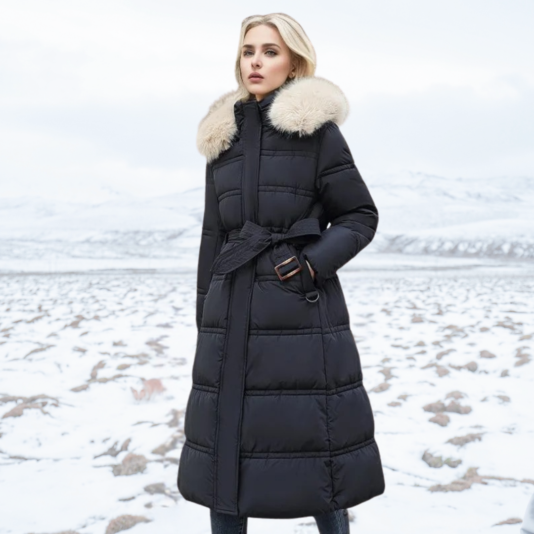 Damen Maxi Steppmantel - Mit Kapuze und Taillengürtel
