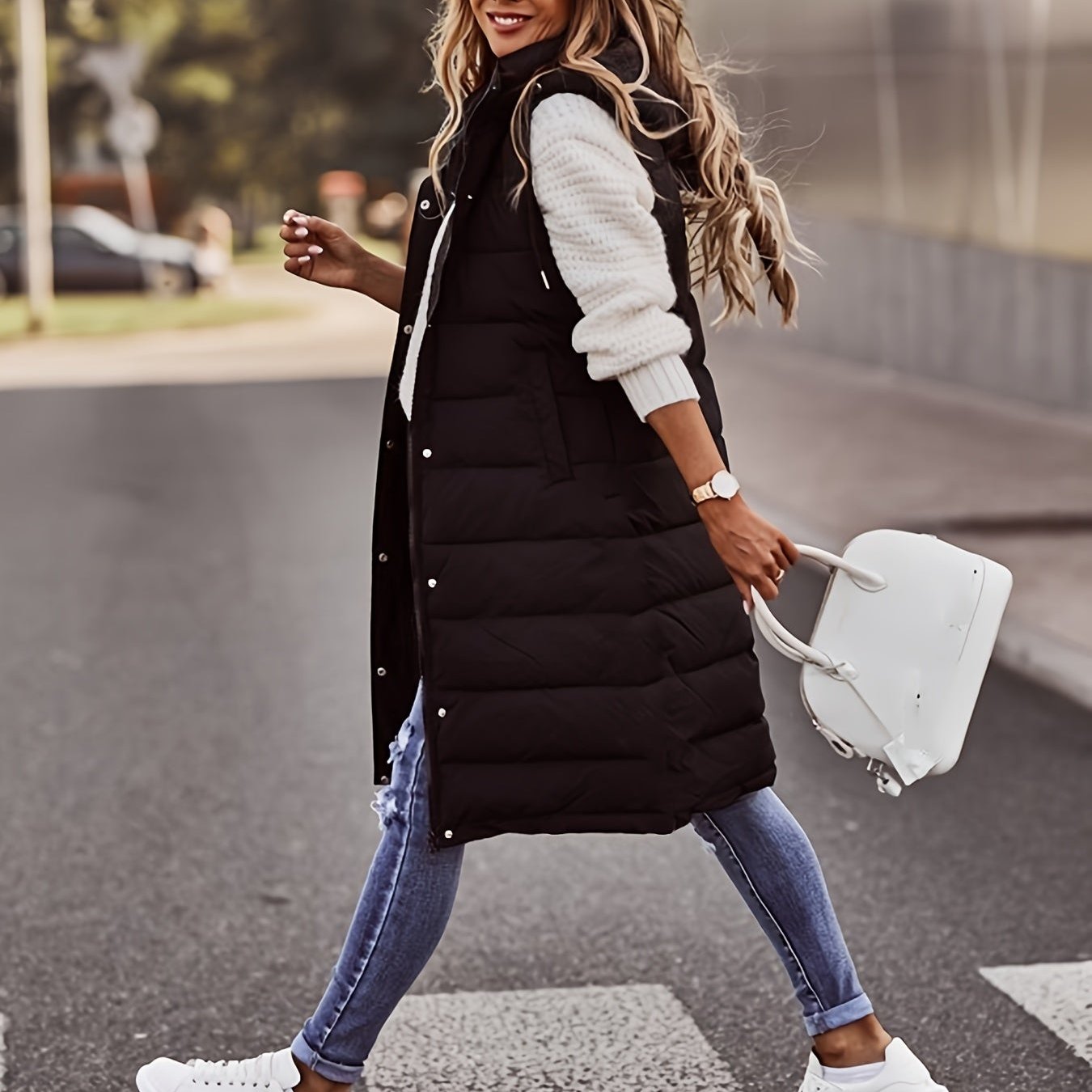 Damen Kapuzen Puffer Weste - Lang Gepolstert & Ärmellos