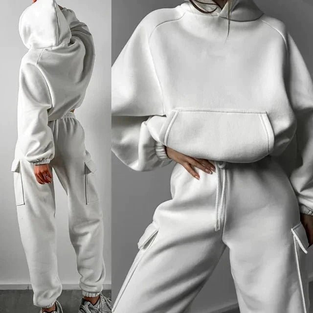 Damen Oversized Hoodie & Jogginghose Set - Weiche Textur mit Cargotaschen