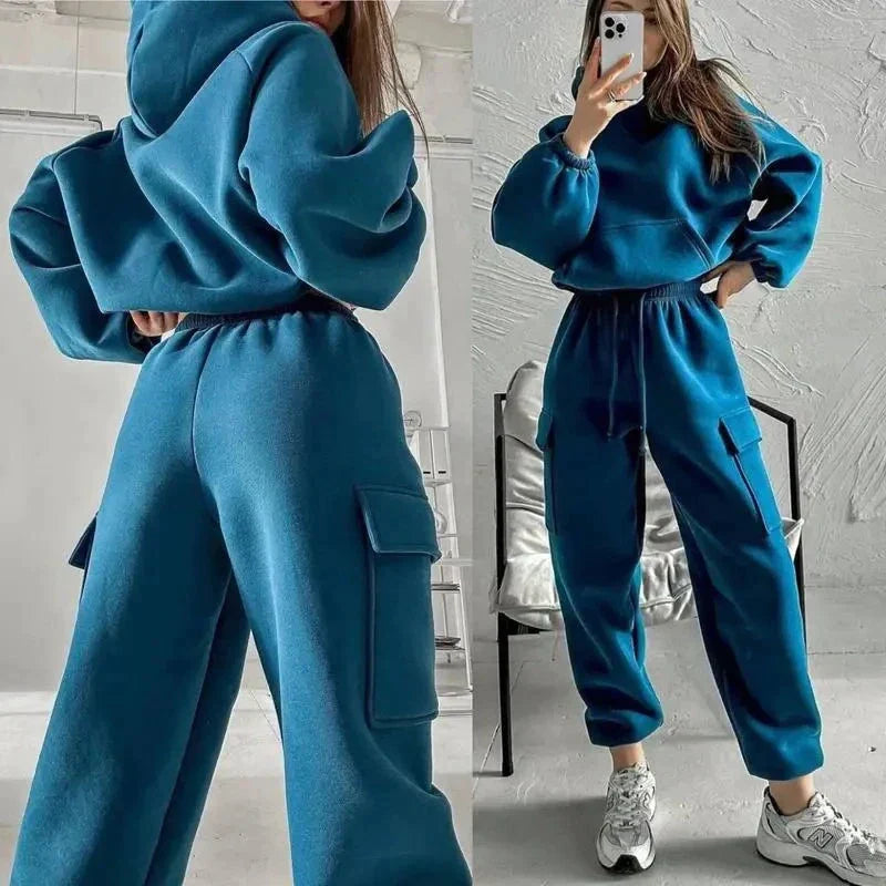 Damen Oversized Hoodie & Jogginghose Set - Weiche Textur mit Cargotaschen
