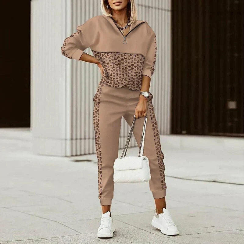 Damen Set mit Sweatshirt mit Viertel-Reißverschluss und Jogger-Hosen – Mit Grafikdruck-Detail