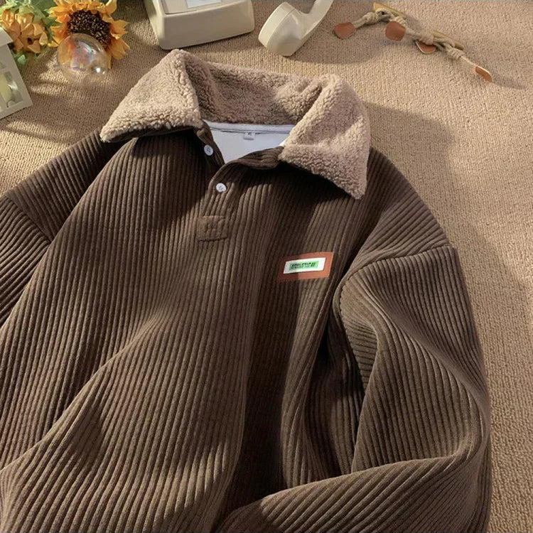 Herren Cord Winterpullover - Flauschiger Kragen Polo