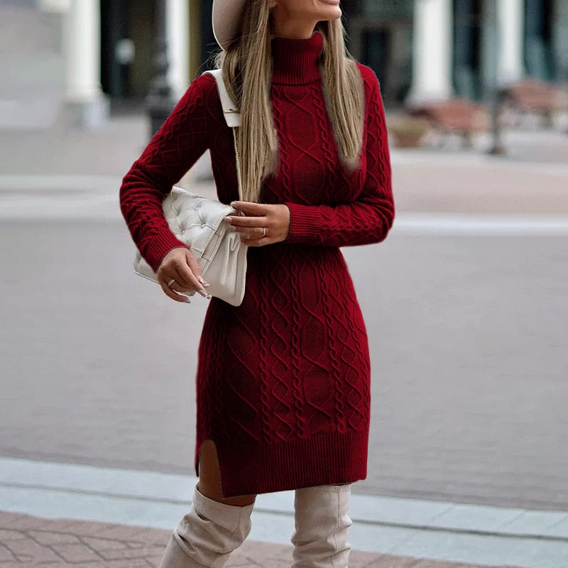 Damen Zopfstrick-Minikleid – Stehkragen mit Schlitz