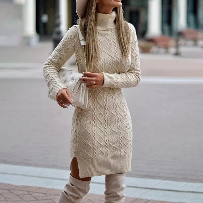 Damen Zopfstrick-Minikleid – Stehkragen mit Schlitz