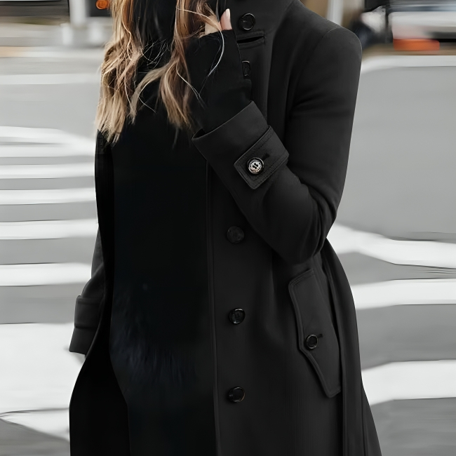 Damen Mantel mit Taillengürtel - Hochkragen und Ärmelriegel