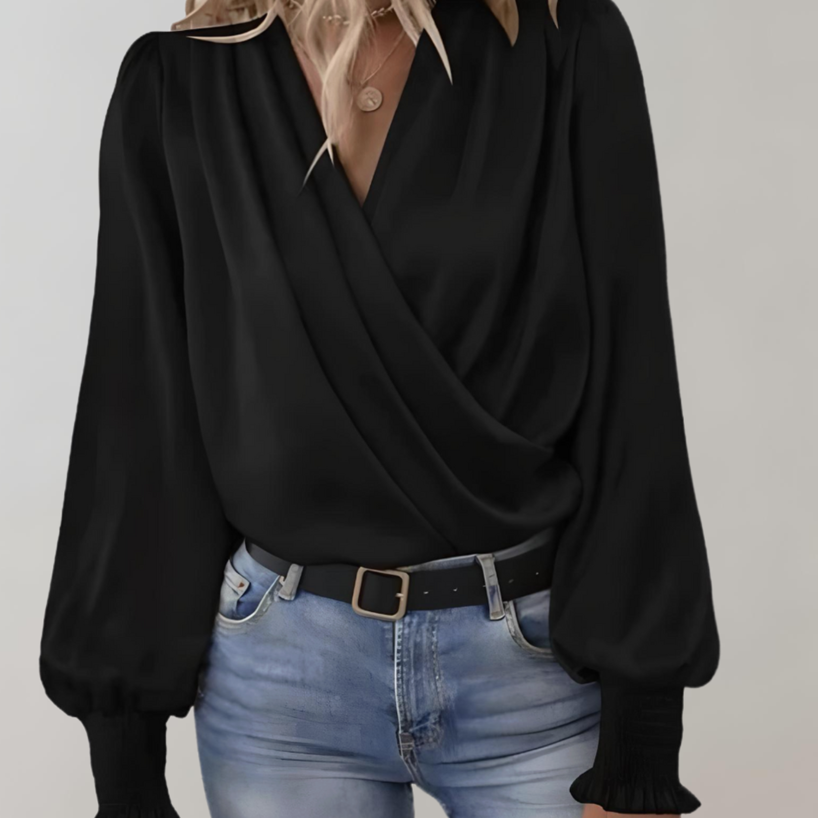 Damen Wickelbluse - Elegant drapiert mit gerafften Bündchen