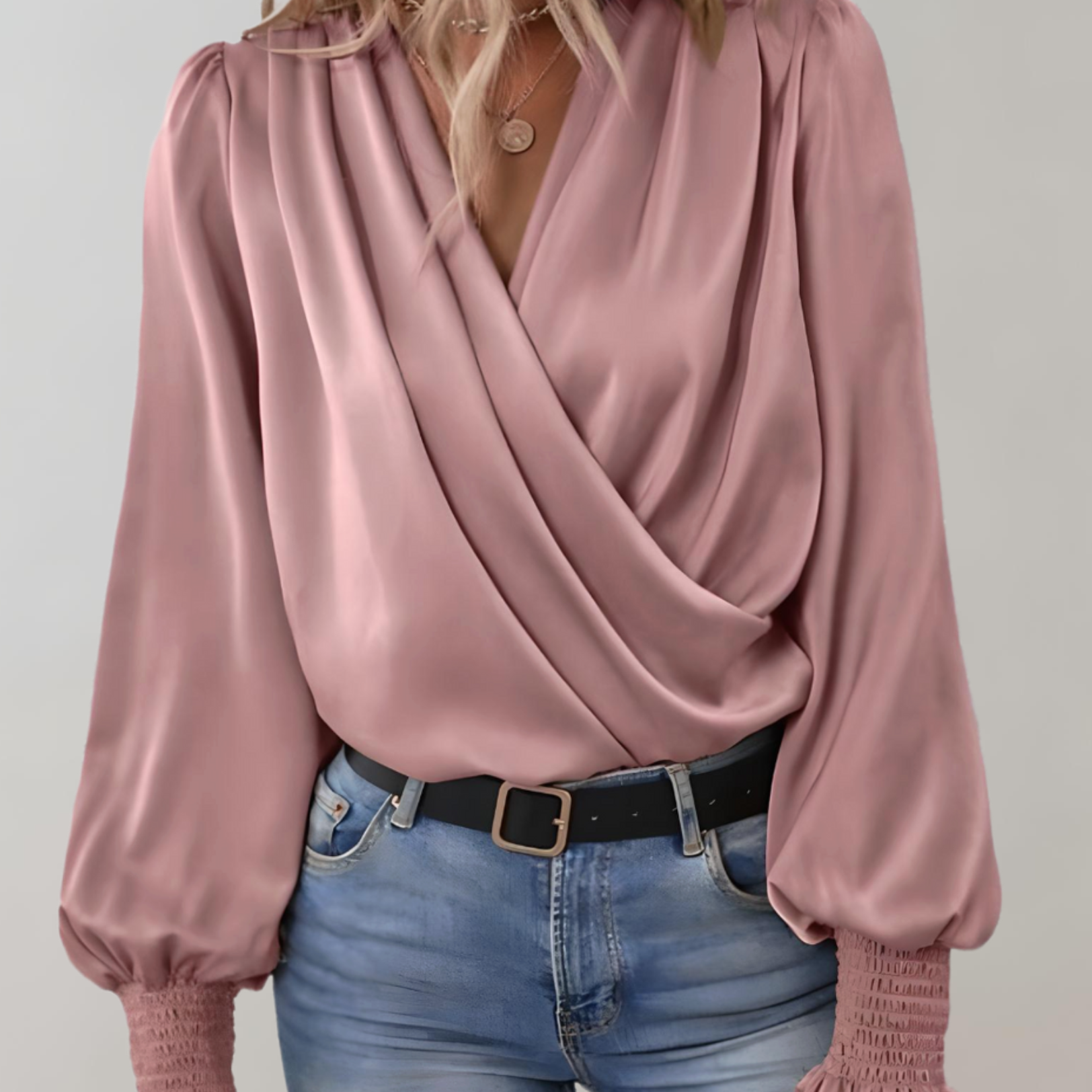 Damen Wickelbluse - Elegant drapiert mit gerafften Bündchen