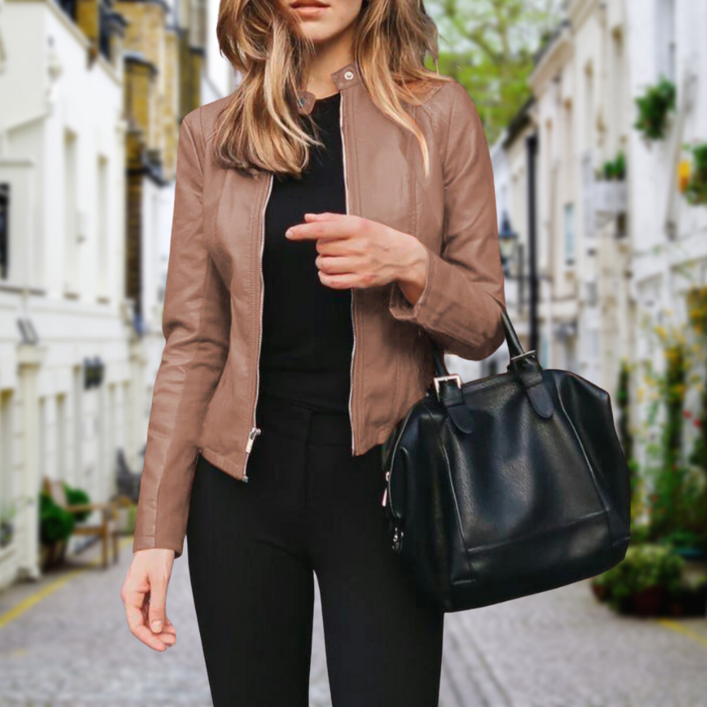 Damen Biker Jacke Kurz - Reißverschluss & Stehkragen