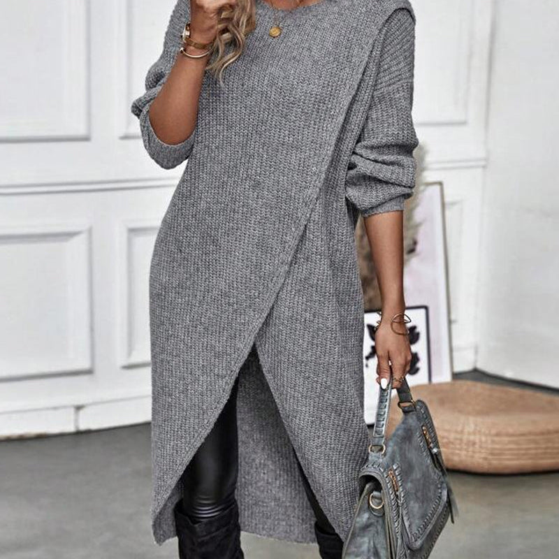 Damen Midi-Pulloverkleid - Lange Ärmel mit Asymmetrischem Wickel-Stil
