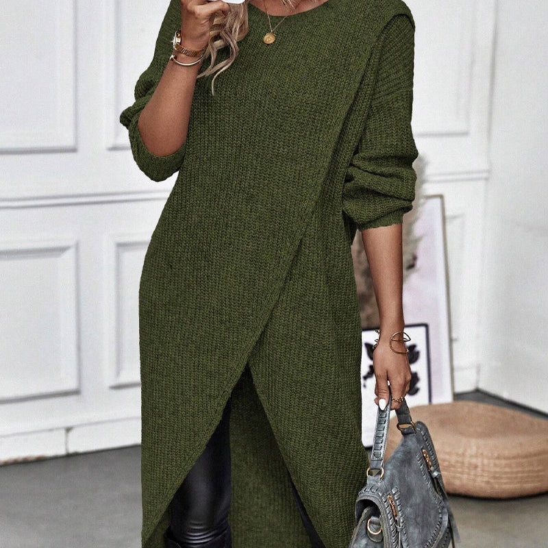 Damen Midi-Pulloverkleid - Lange Ärmel mit Asymmetrischem Wickel-Stil