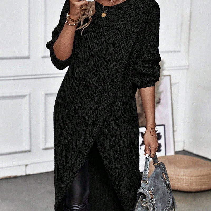 Damen Midi-Pulloverkleid - Lange Ärmel mit Asymmetrischem Wickel-Stil