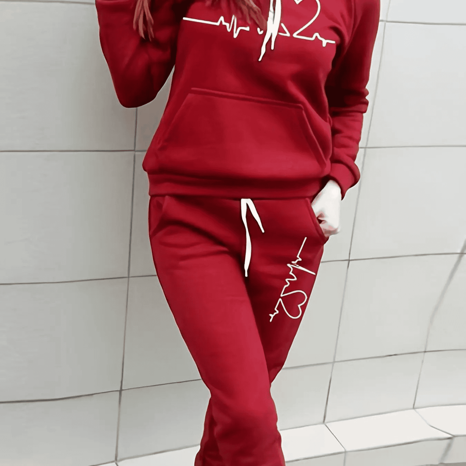 Damen Herzschlag-Grafik Trainingsanzug-Set - Hoodie & Jogginghose