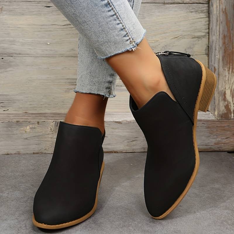 Damen Stiefeletten mit niedrigem Absatz - Spitze Zehenpartie & Reißverschluss hinten