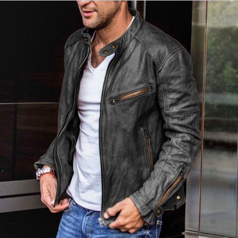 Herren Distressed Leder-Motorradjacke – Reißverschlusstaschen & Stilvolles Design