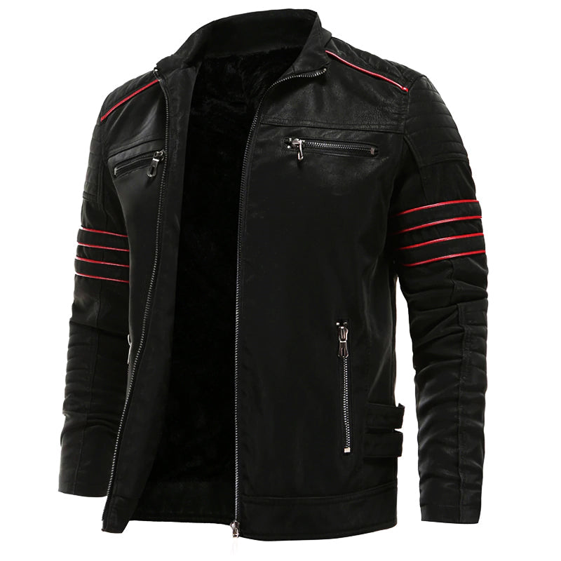 Herren Schwarz Biker-Stil Jacke - Reißverschluss mit Rotem Streifen Akzent