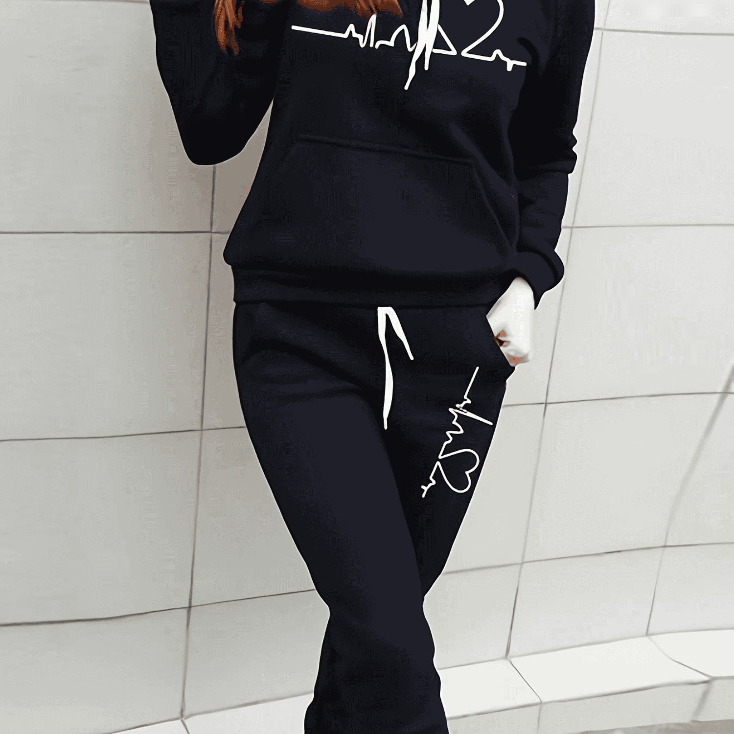 Damen Herzschlag-Grafik Trainingsanzug-Set - Hoodie & Jogginghose