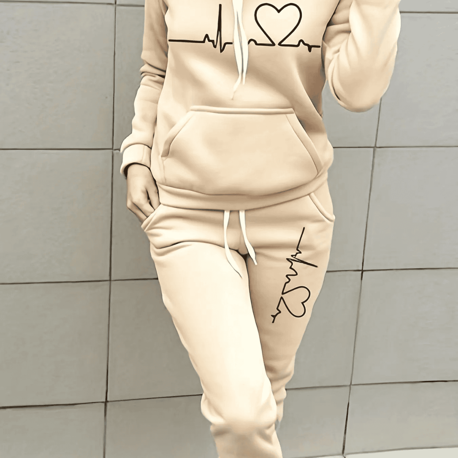 Damen Herzschlag-Grafik Trainingsanzug-Set - Hoodie & Jogginghose