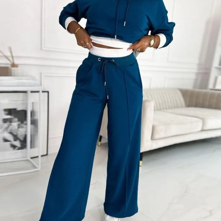 Damen Loungewear Set - Kapuzenpullover mit Kordelzug & Weite Bein Hosen