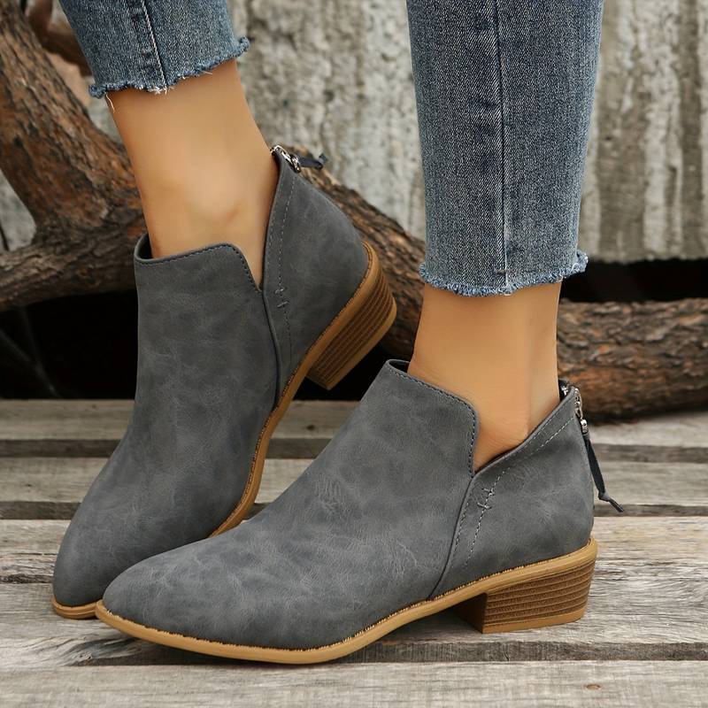 Damen Stiefeletten mit niedrigem Absatz - Spitze Zehenpartie & Reißverschluss hinten