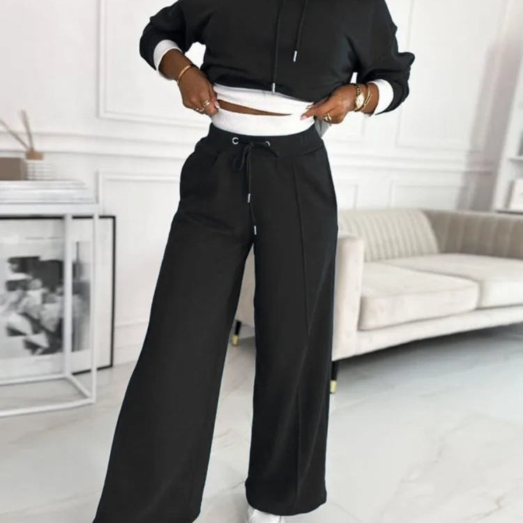 Damen Loungewear Set - Kapuzenpullover mit Kordelzug & Weite Bein Hosen