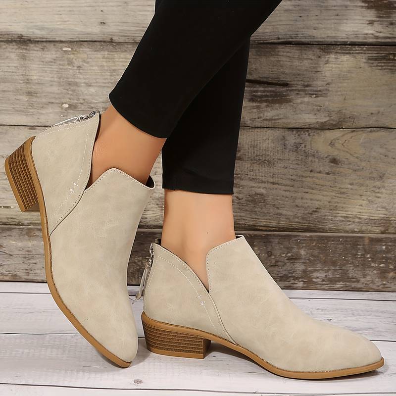 Damen Stiefeletten mit niedrigem Absatz - Spitze Zehenpartie & Reißverschluss hinten