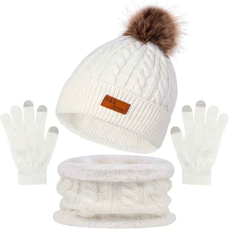 Damen 3-teiliges Winter Set - Zopfmuster Schal, Mütze & Touchscreen-Handschuhe