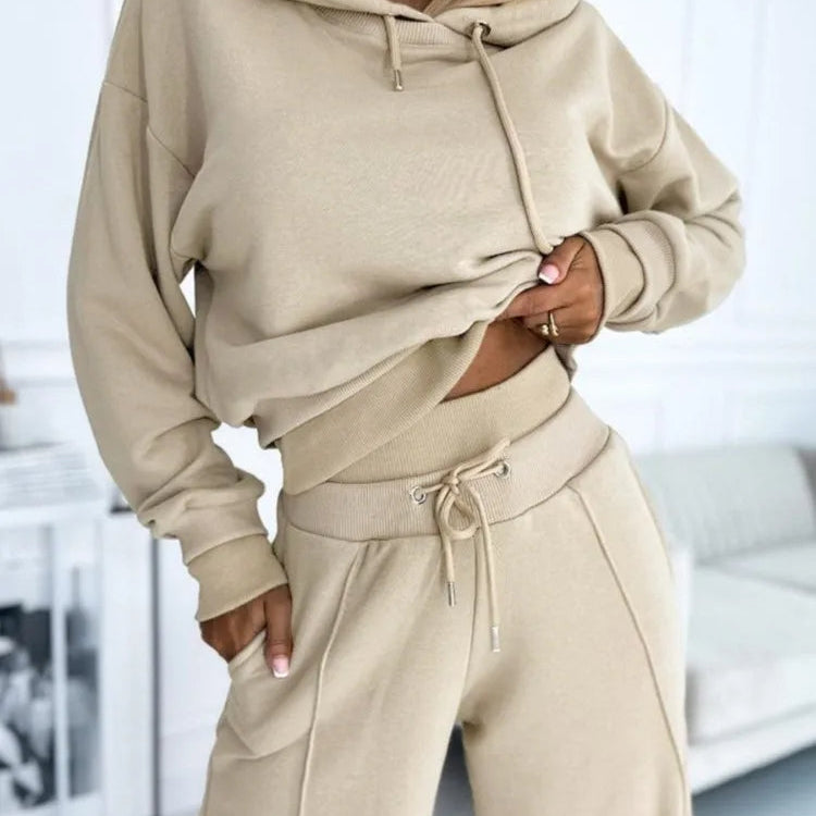 Damen Loungewear Set - Kapuzenpullover mit Kordelzug & Weite Bein Hosen