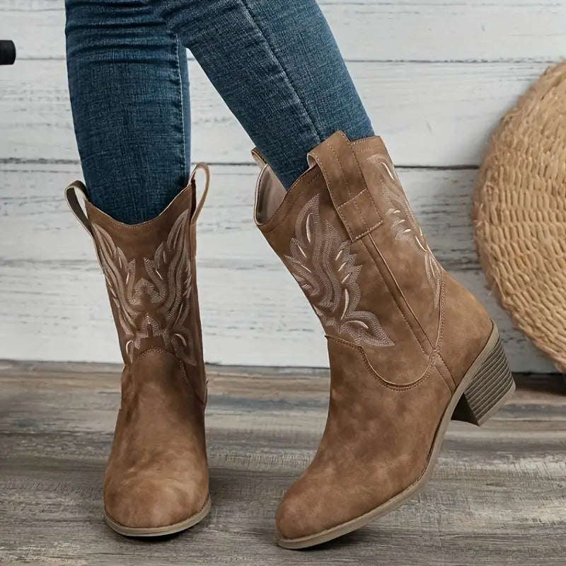 Damen Westernstiefel - Mittelhoher Schaft mit Stickerei
