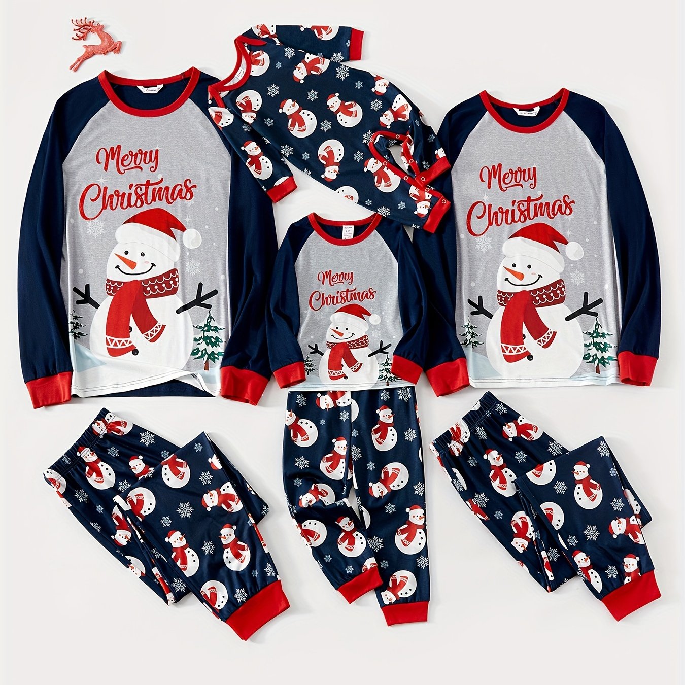 Familien Blaues Weihnachtspyjama Set - Schneemann-Druck und Raglan-Ärmel