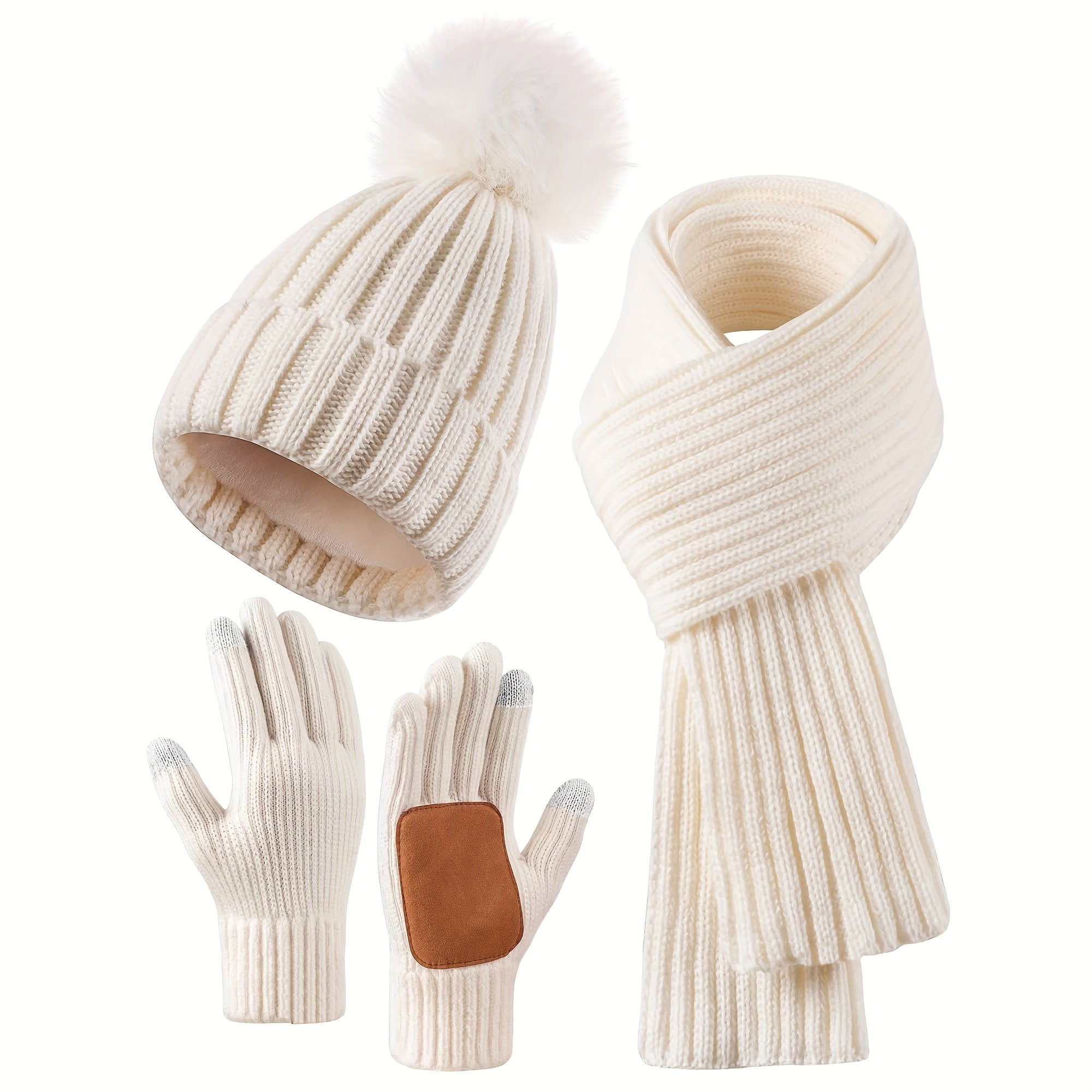 Damen 3-teiliges Winter-Strickset - Bommelmütze, Schal und Touchscreen-Handschuhe