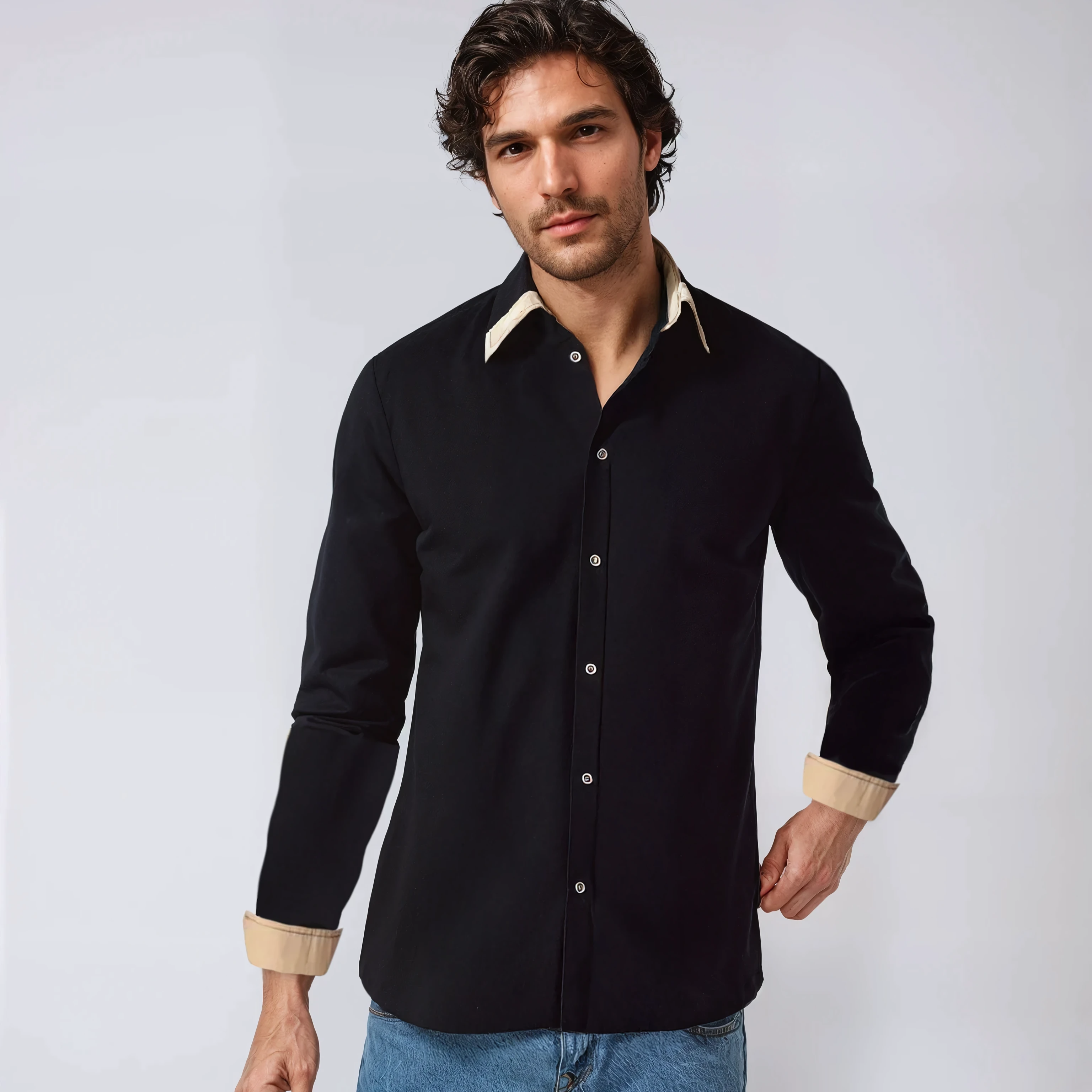 Herren Zweifarbiger Hemd - Button-Down & Langarm