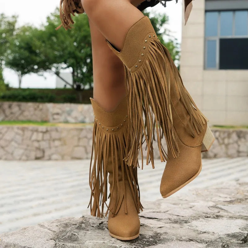Damen Cowboy Kniehohe Stiefel - Fransen mit Blockabsatz