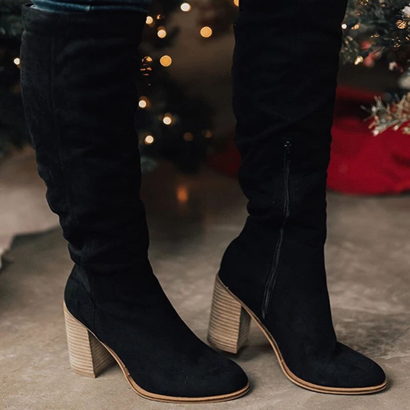Damen Slouch Kniehohe Stiefel - Seitlicher Reißverschluss mit Blockabsatz
