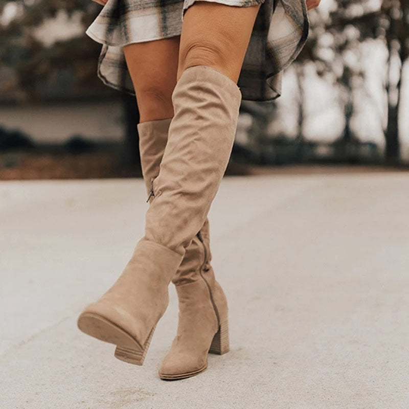 Damen Slouch Kniehohe Stiefel - Seitlicher Reißverschluss mit Blockabsatz