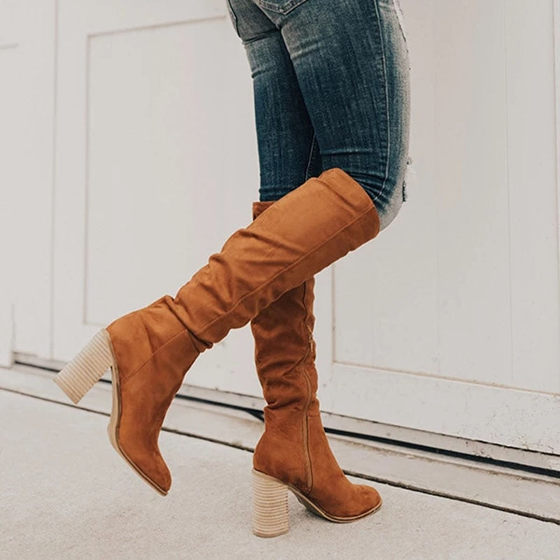 Damen Slouch Kniehohe Stiefel - Seitlicher Reißverschluss mit Blockabsatz