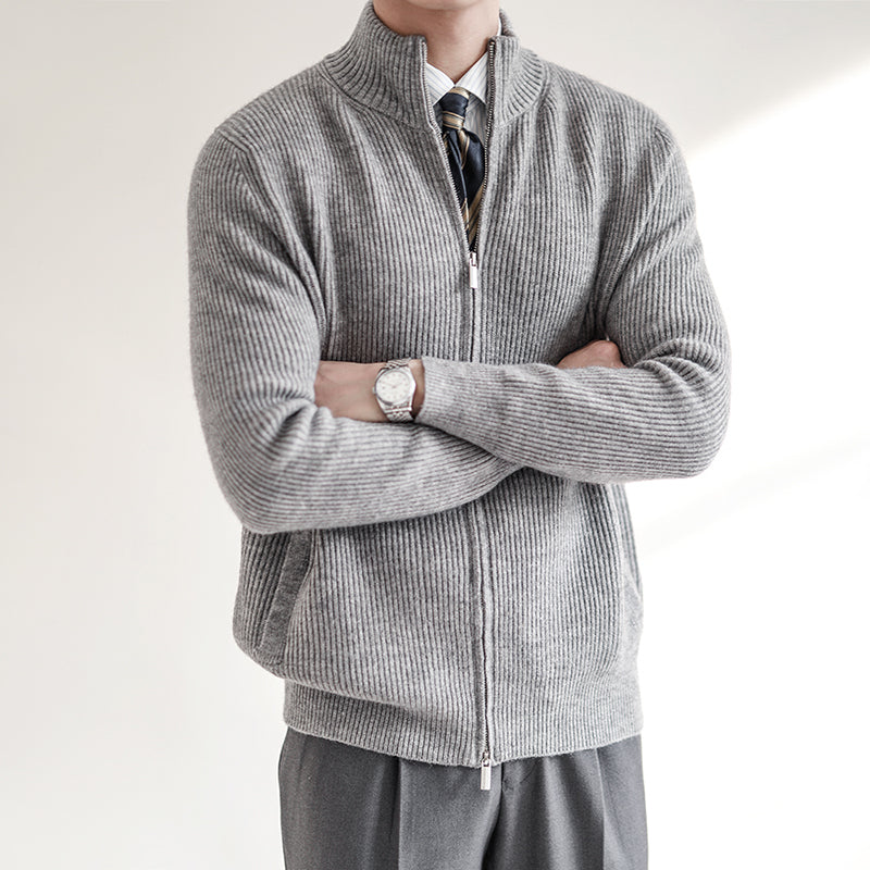 Herren Strickjacke Reißverschluss - Stehkragen und Rippstrick