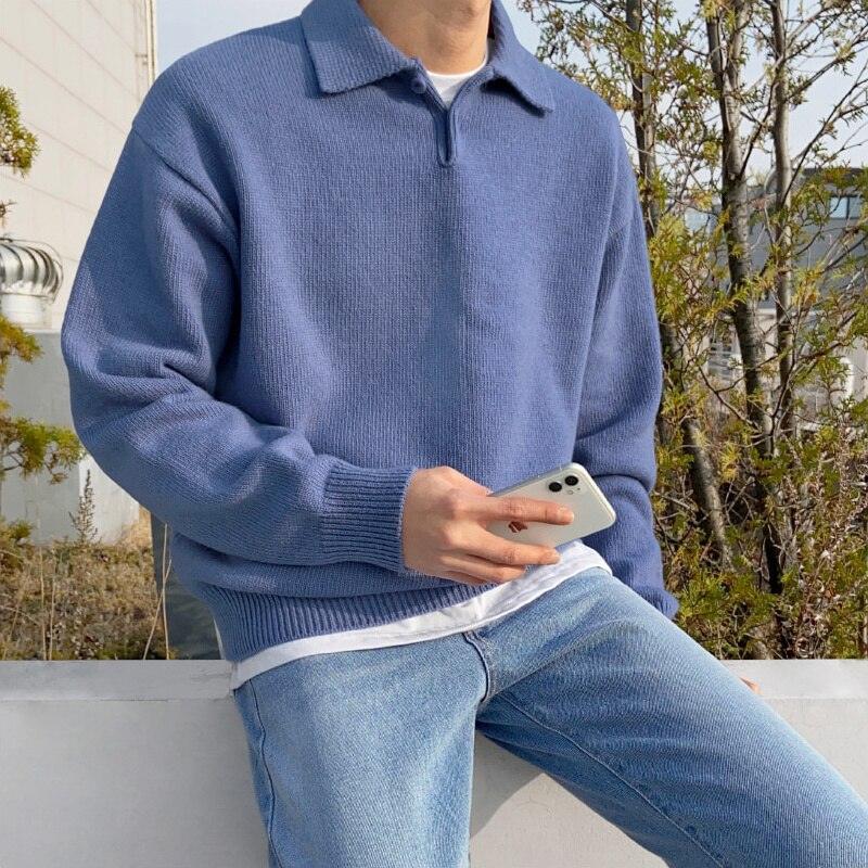 Herren Gestrickter Polo Pullover - Langarm mit Viertel-Knopfleiste