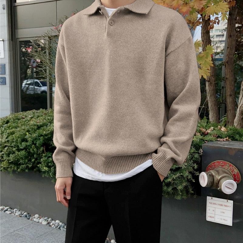 Herren Gestrickter Polo Pullover - Langarm mit Viertel-Knopfleiste