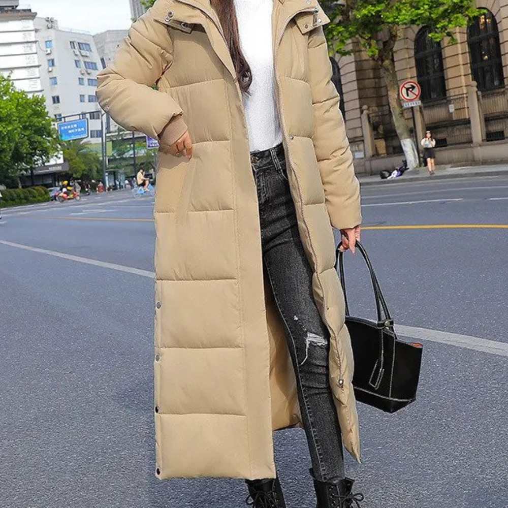 Damen Langer Puffer-Mantel mit Kapuze - Wasserabweisend und Winddicht