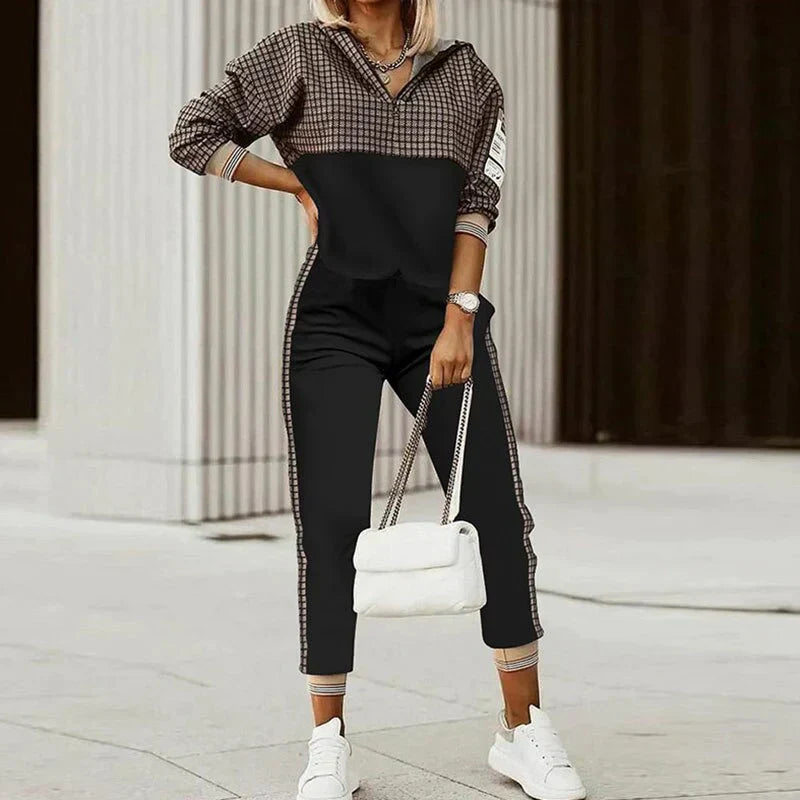 Damen Set mit Sweatshirt mit Viertel-Reißverschluss und Jogger-Hosen – Mit Grafikdruck-Detail