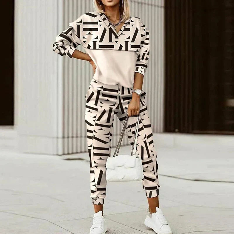 Damen Set mit Sweatshirt mit Viertel-Reißverschluss und Jogger-Hosen – Mit Grafikdruck-Detail
