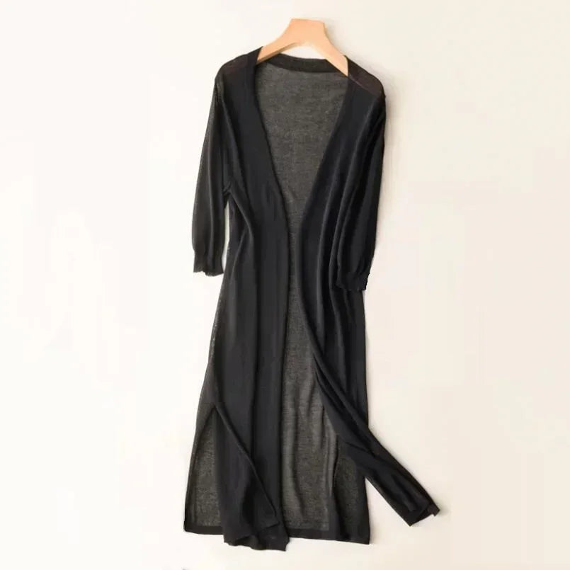 Damen Langer Leichter Strick-Cardigan - Atmungsaktiver Außen-Layer