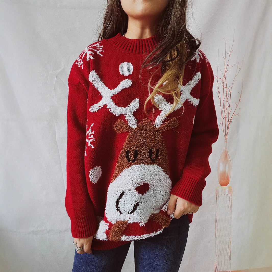 Damen Roter Weihnachtspullover - Rentier-Motiv und Rundhalsausschnitt