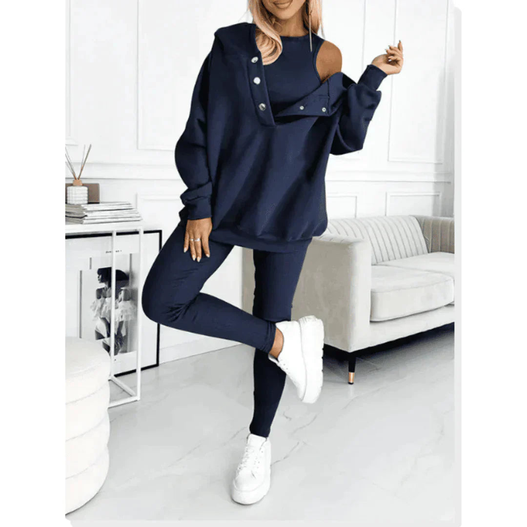 Damen 3-teiliges Loungewear Set - Hoodie, Tank Top & Leggingshosen Strick