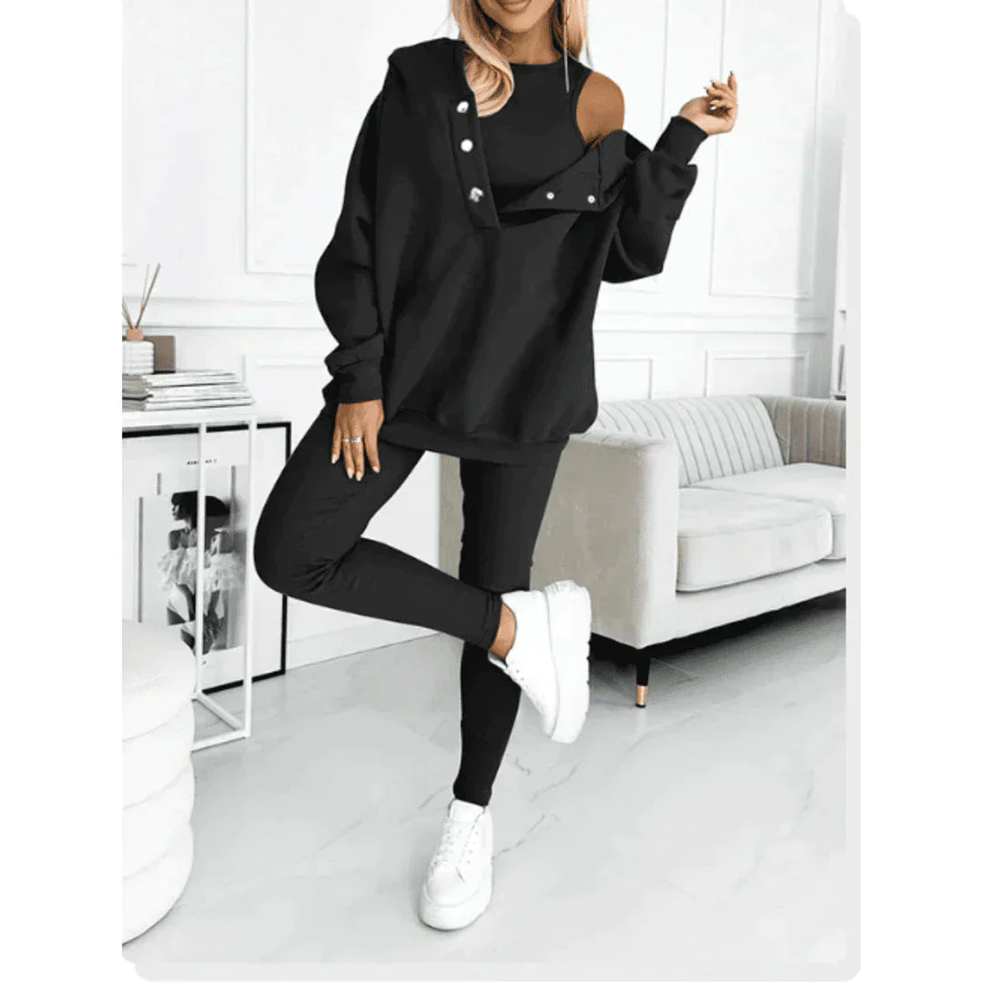 Damen 3-teiliges Loungewear Set - Hoodie, Tank Top & Leggingshosen Strick