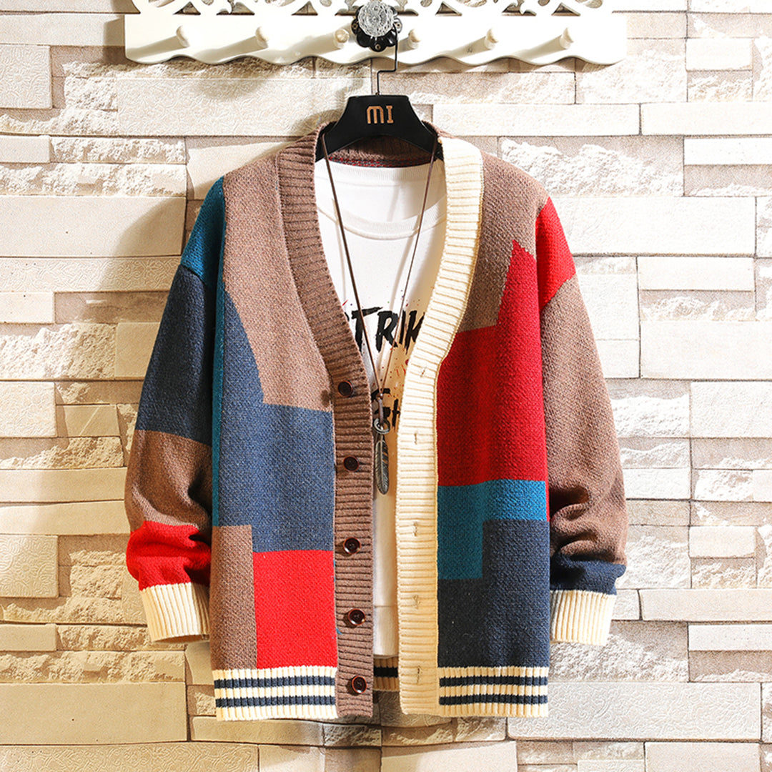 Herren Geknöpfter Strick-Cardigan – Lebendiges Blockdesign