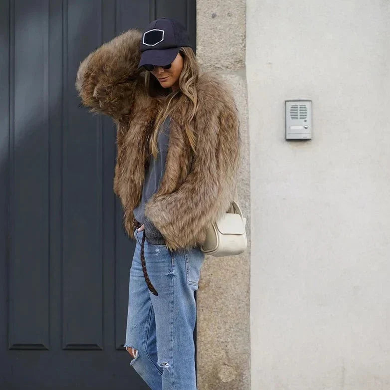 Damen Flauschige Jacke Braun - Oversize mit Weicher Passform
