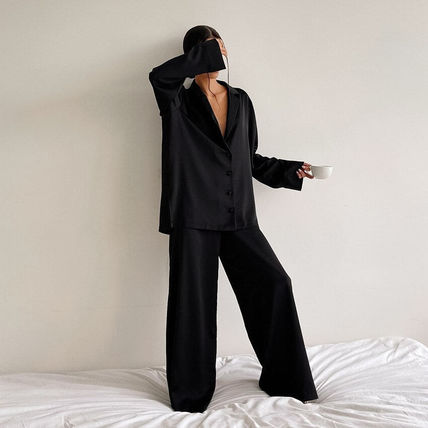 Damen Pyjama Set - Durchgeknöpftes Hemd & Weite Hosen