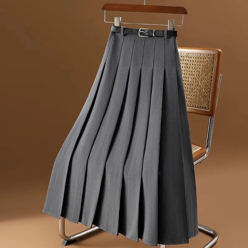 Damen A-Linien Midi-Rock – Plissierte Hohe Taille mit Gürtel
