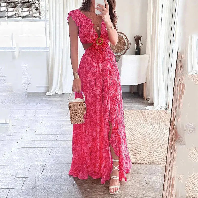 Elegantes Bedrucktes V-Ausschnitt-Kleid für Damen